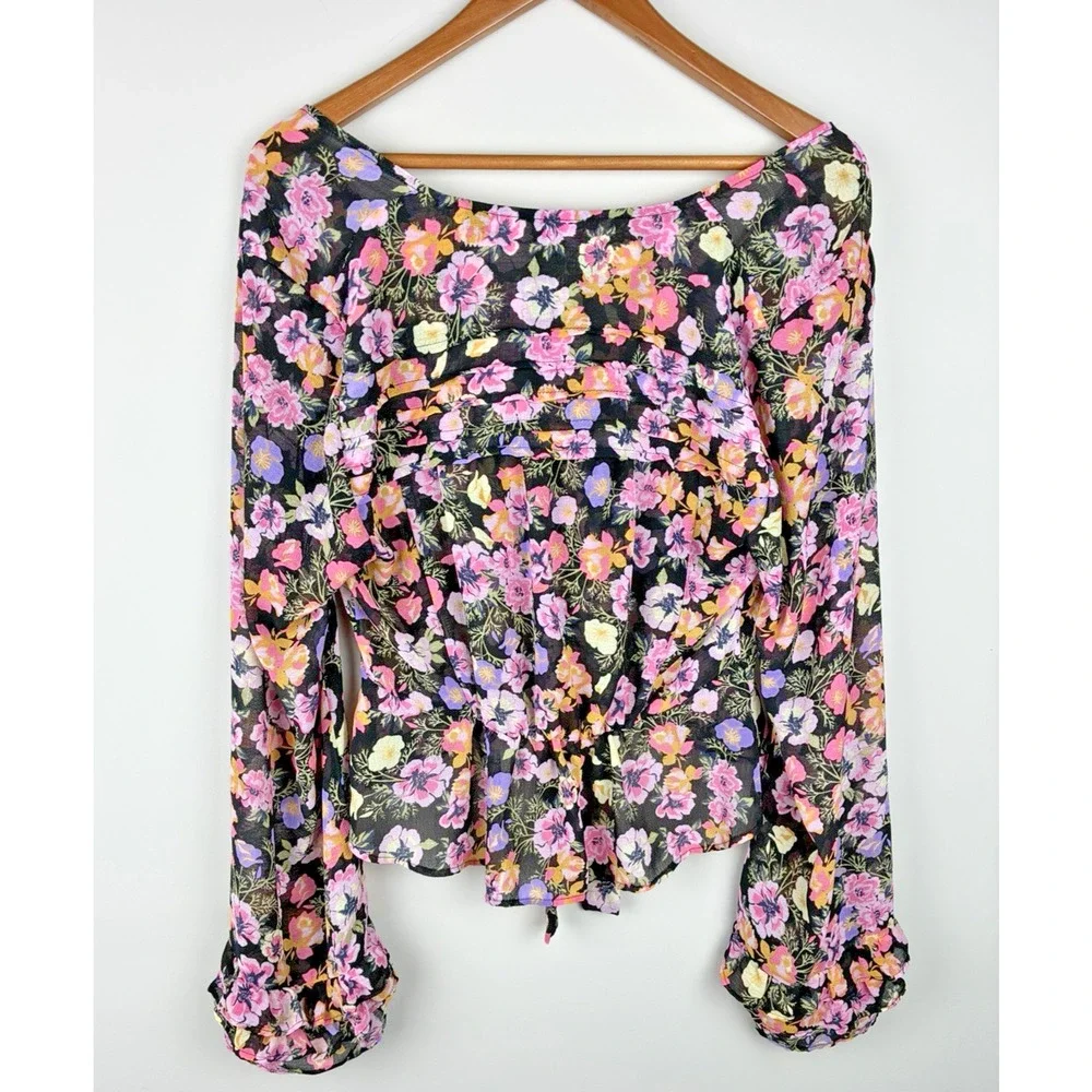 Free People Floral Blouse Womens Small Black Pink Sheer Ruffle Tie Front Boho